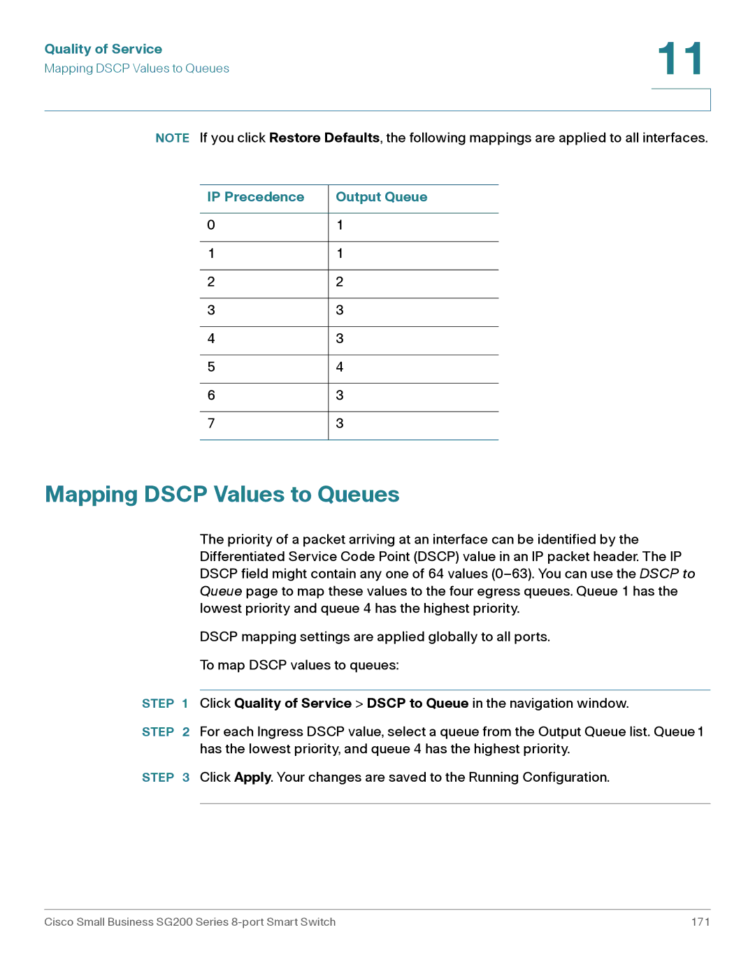 Cisco Systems SLM2008PTNA manual Mapping Dscp Values to Queues 