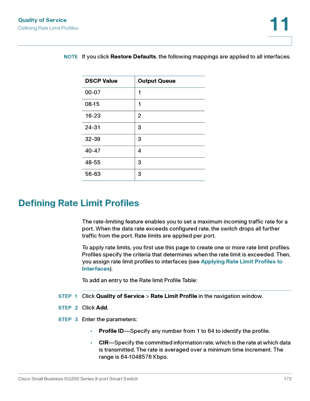 Cisco Systems SLM2008PTNA manual Defining Rate Limit Profiles, Dscp Value Output Queue 