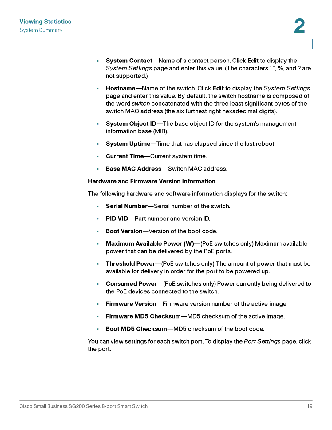 Cisco Systems SLM2008PTNA manual Viewing Statistics, Hardware and Firmware Version Information 