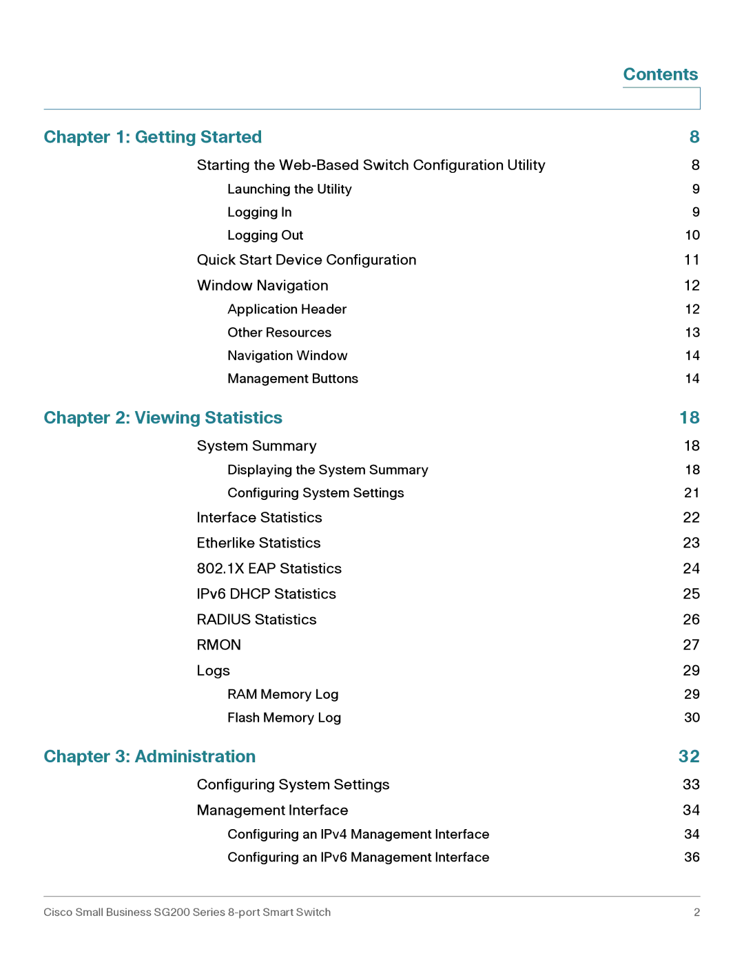 Cisco Systems SLM2008PTNA manual Getting Started, Viewing Statistics, Administration 