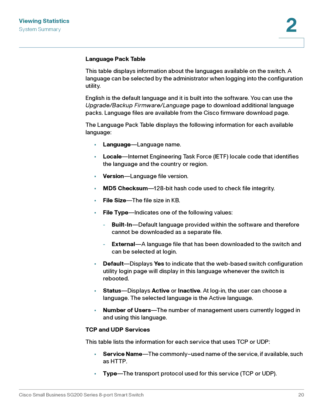 Cisco Systems SLM2008PTNA manual Language Pack Table, TCP and UDP Services 