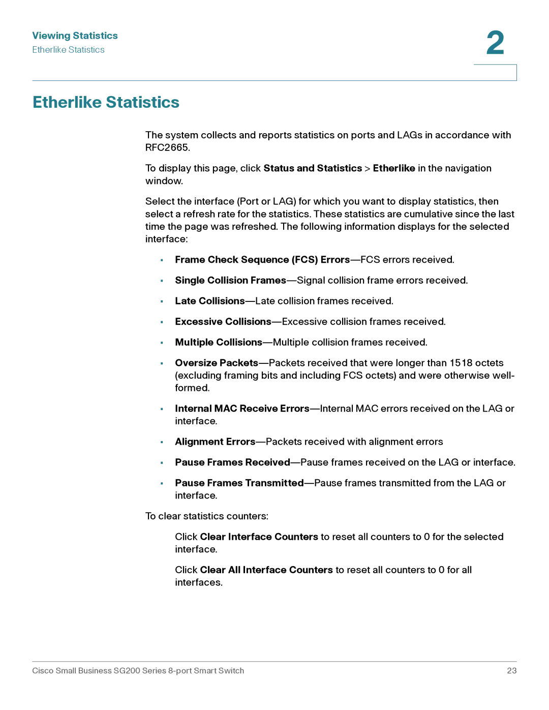 Cisco Systems SLM2008PTNA manual Etherlike Statistics, Frame Check Sequence FCS Errors-FCS errors received 