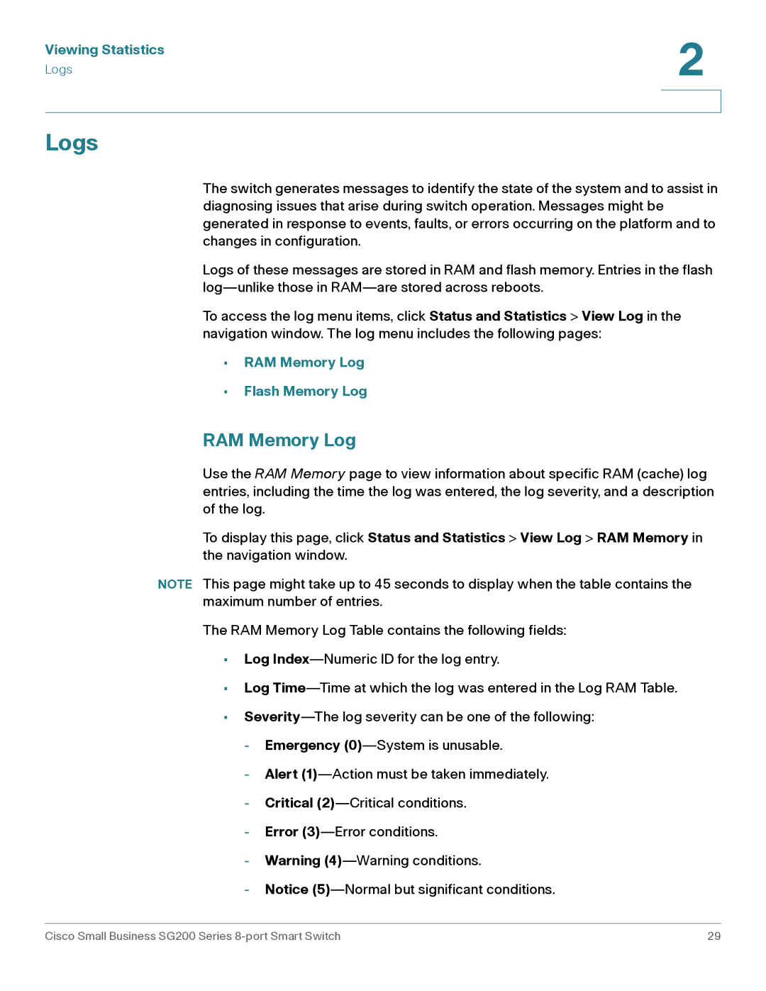 Cisco Systems SLM2008PTNA manual Logs, RAM Memory Log 