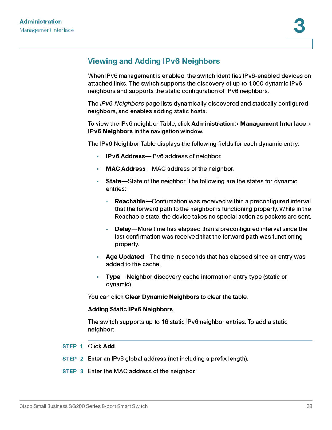 Cisco Systems SLM2008PTNA manual Viewing and Adding IPv6 Neighbors, Adding Static IPv6 Neighbors 