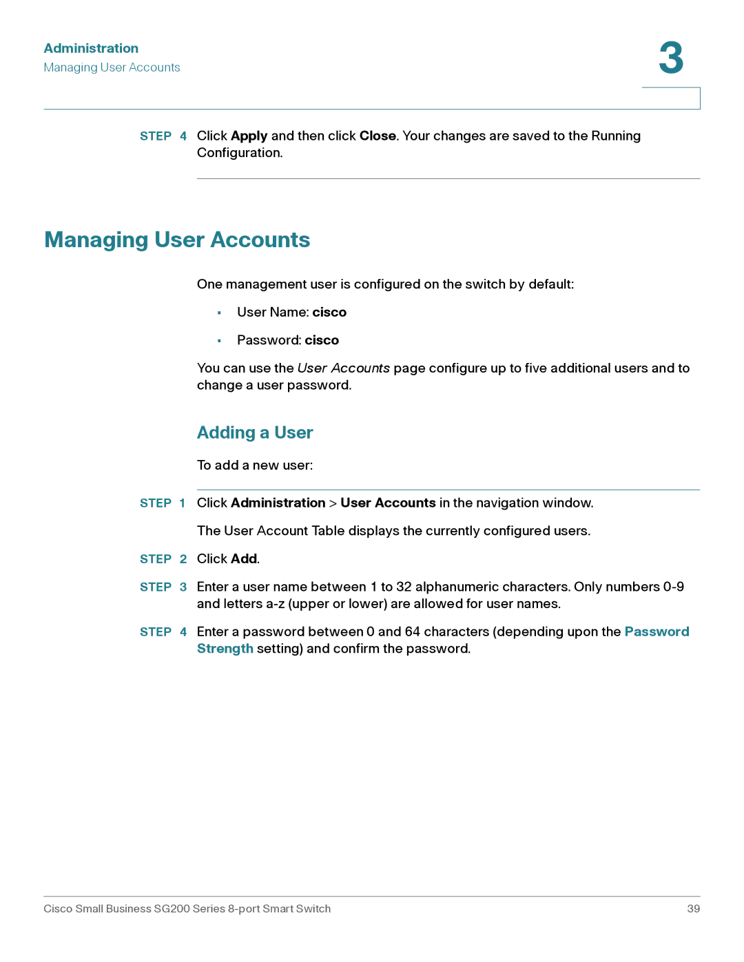 Cisco Systems SLM2008PTNA manual Managing User Accounts, Adding a User 