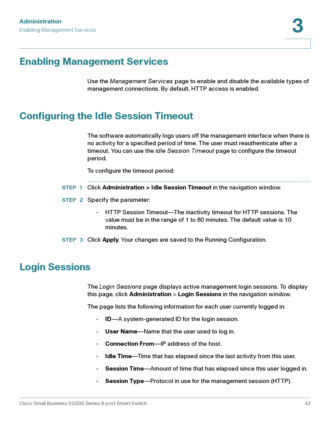 Cisco Systems SLM2008PTNA manual Enabling Management Services, Configuring the Idle Session Timeout, Login Sessions 