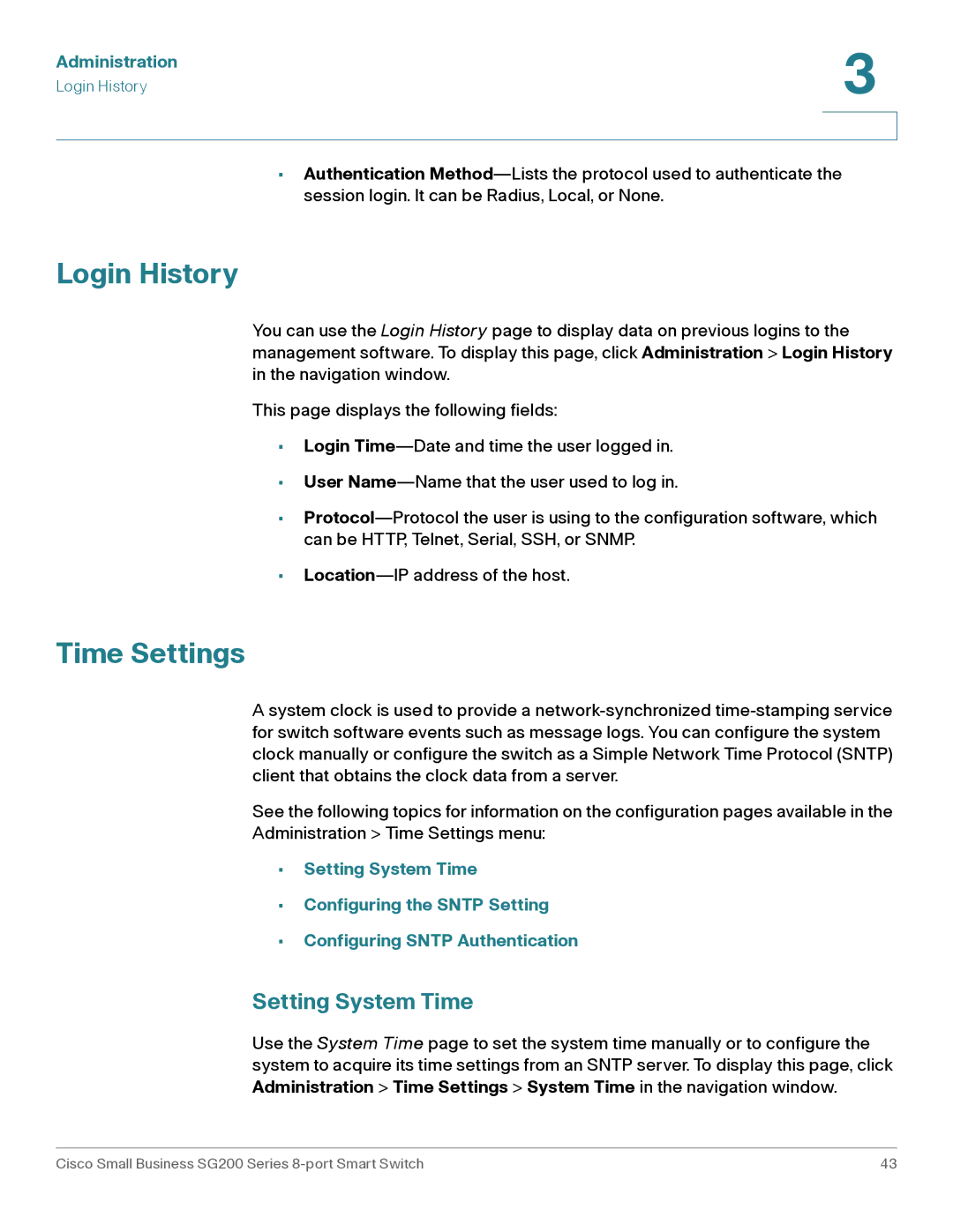 Cisco Systems SLM2008PTNA manual Login History, Time Settings, Setting System Time 