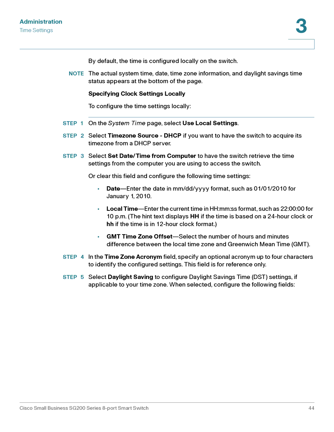 Cisco Systems SLM2008PTNA manual Specifying Clock Settings Locally 