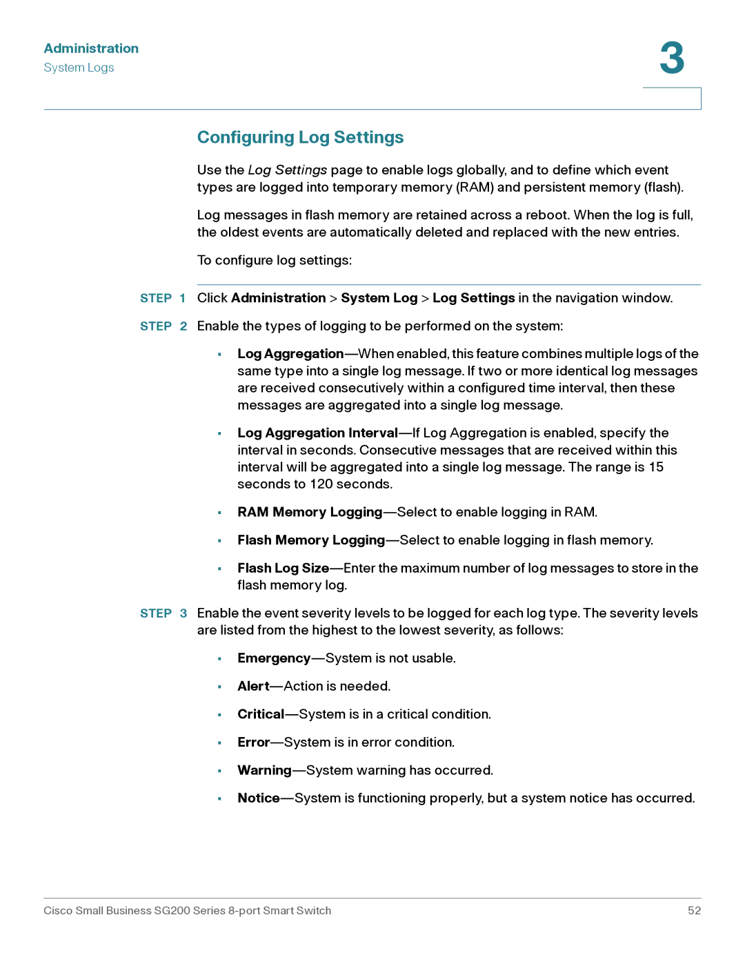 Cisco Systems SLM2008PTNA manual Configuring Log Settings 