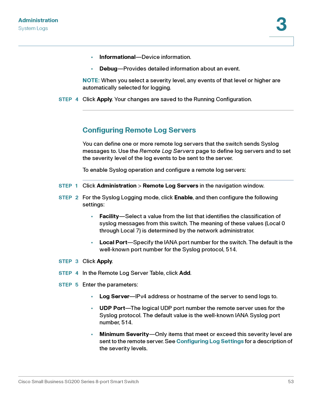 Cisco Systems SLM2008PTNA manual Configuring Remote Log Servers 