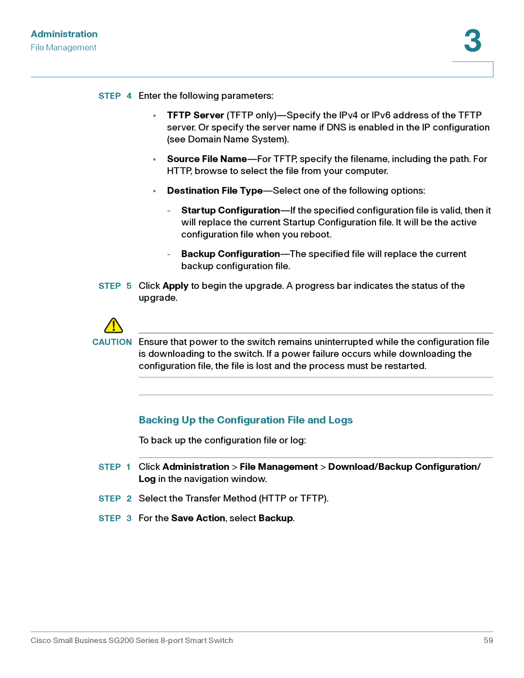 Cisco Systems SLM2008PTNA manual Backing Up the Configuration File and Logs 