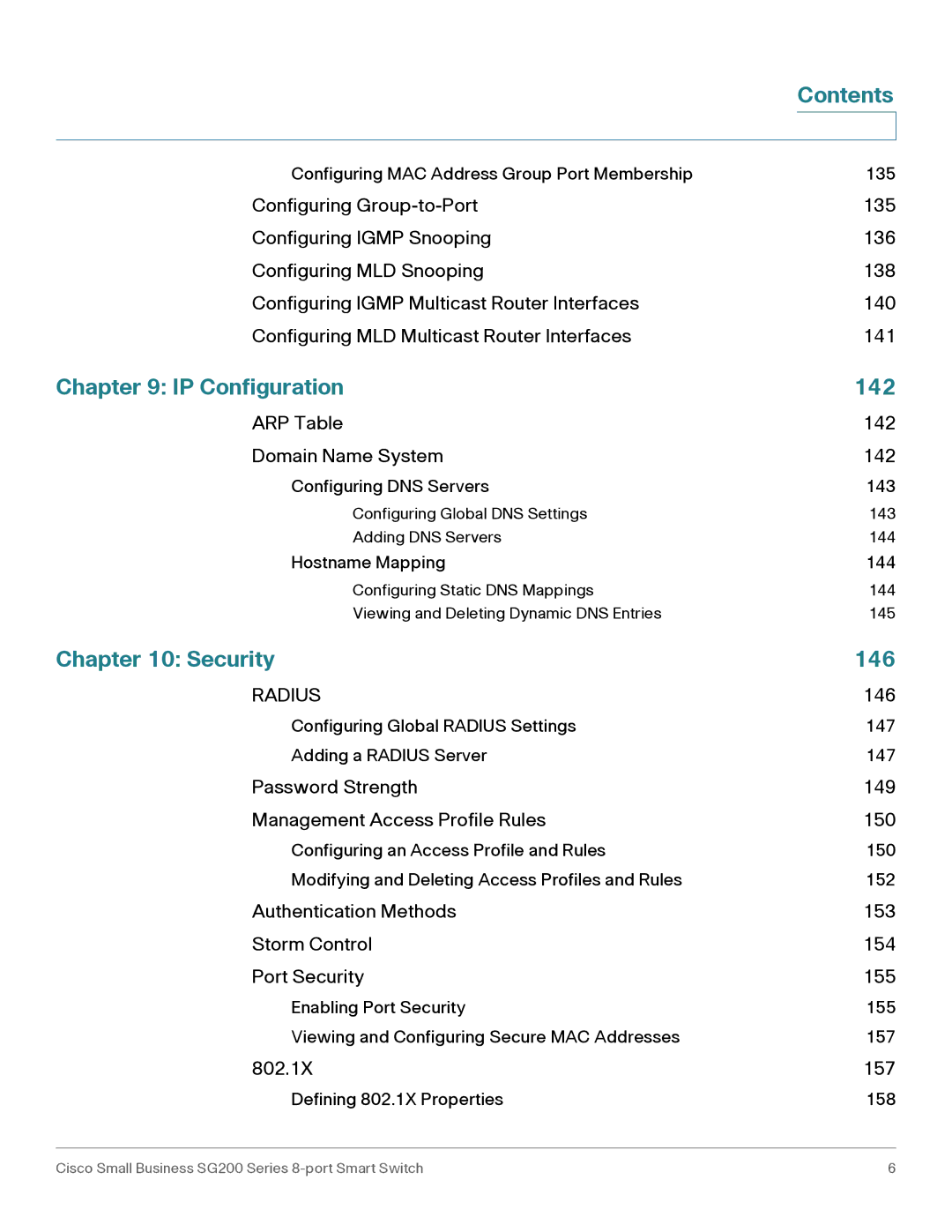 Cisco Systems SLM2008PTNA manual IP Configuration 142, Security 146 