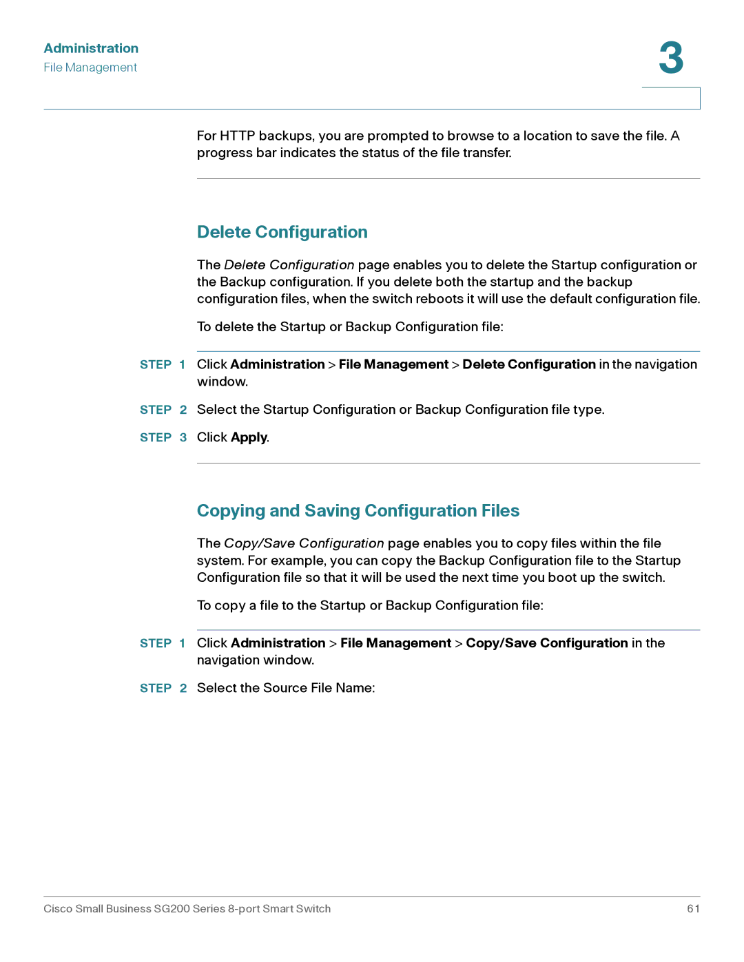 Cisco Systems SLM2008PTNA manual Delete Configuration, Copying and Saving Configuration Files 