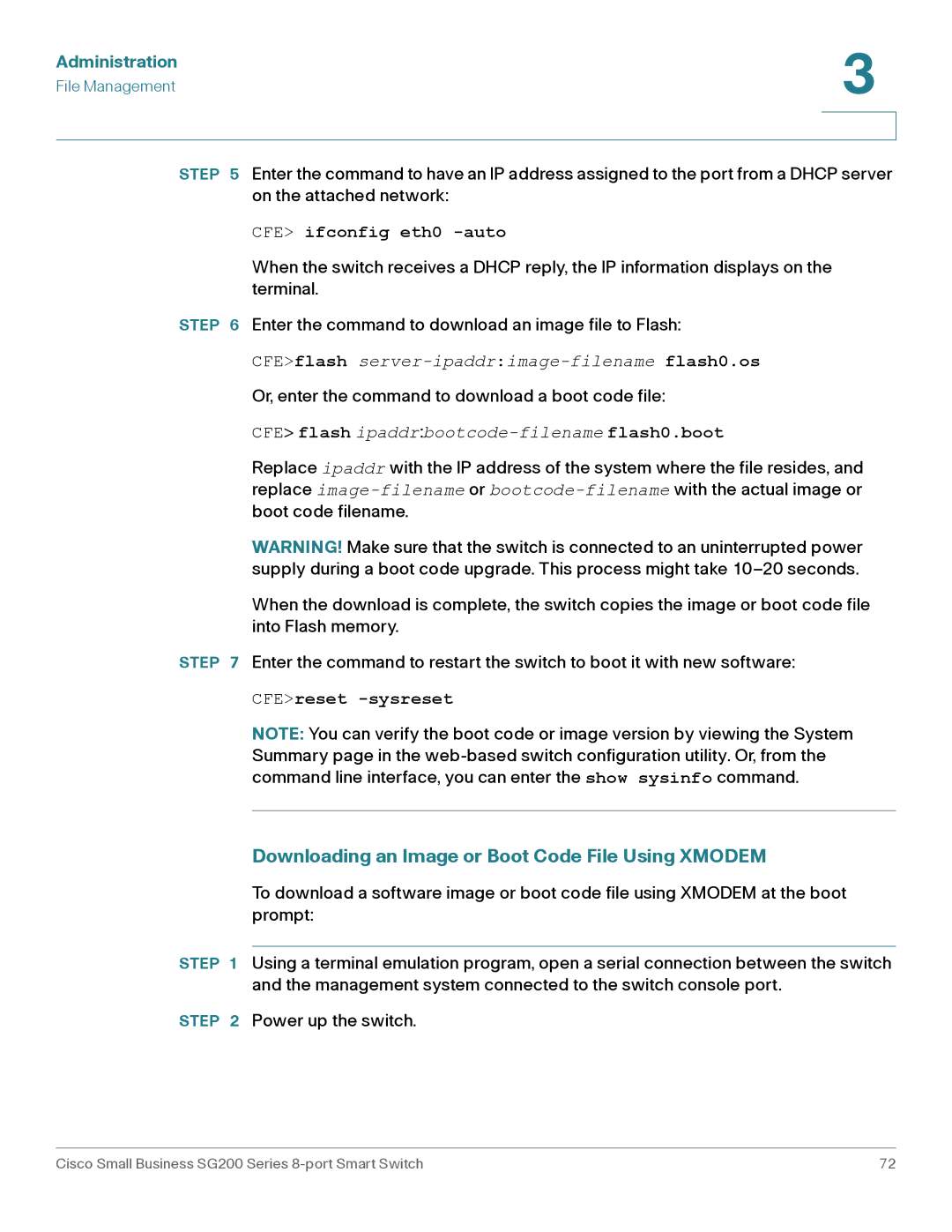 Cisco Systems SLM2008PTNA manual Downloading an Image or Boot Code File Using Xmodem, CFE ifconfig eth0 -auto 