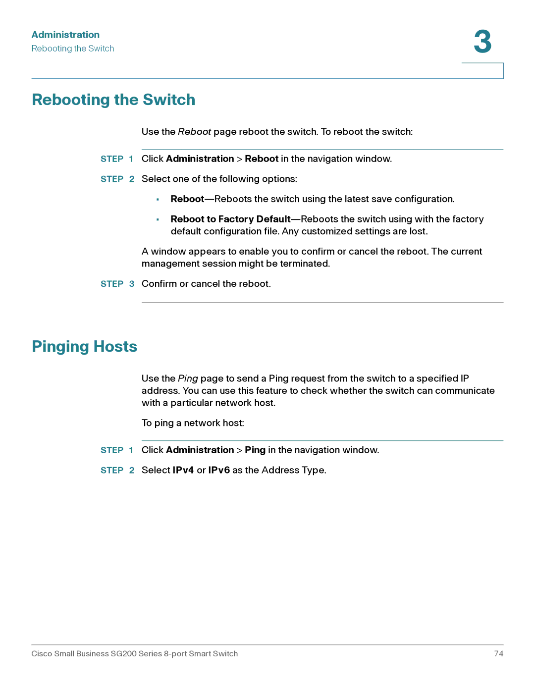 Cisco Systems SLM2008PTNA manual Rebooting the Switch, Pinging Hosts 