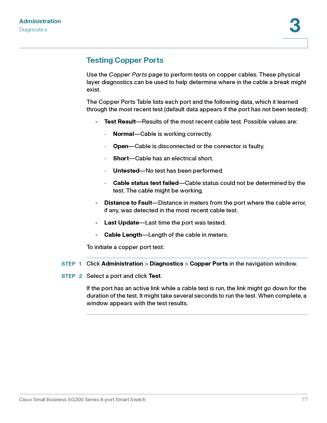 Cisco Systems SLM2008PTNA manual Testing Copper Ports 