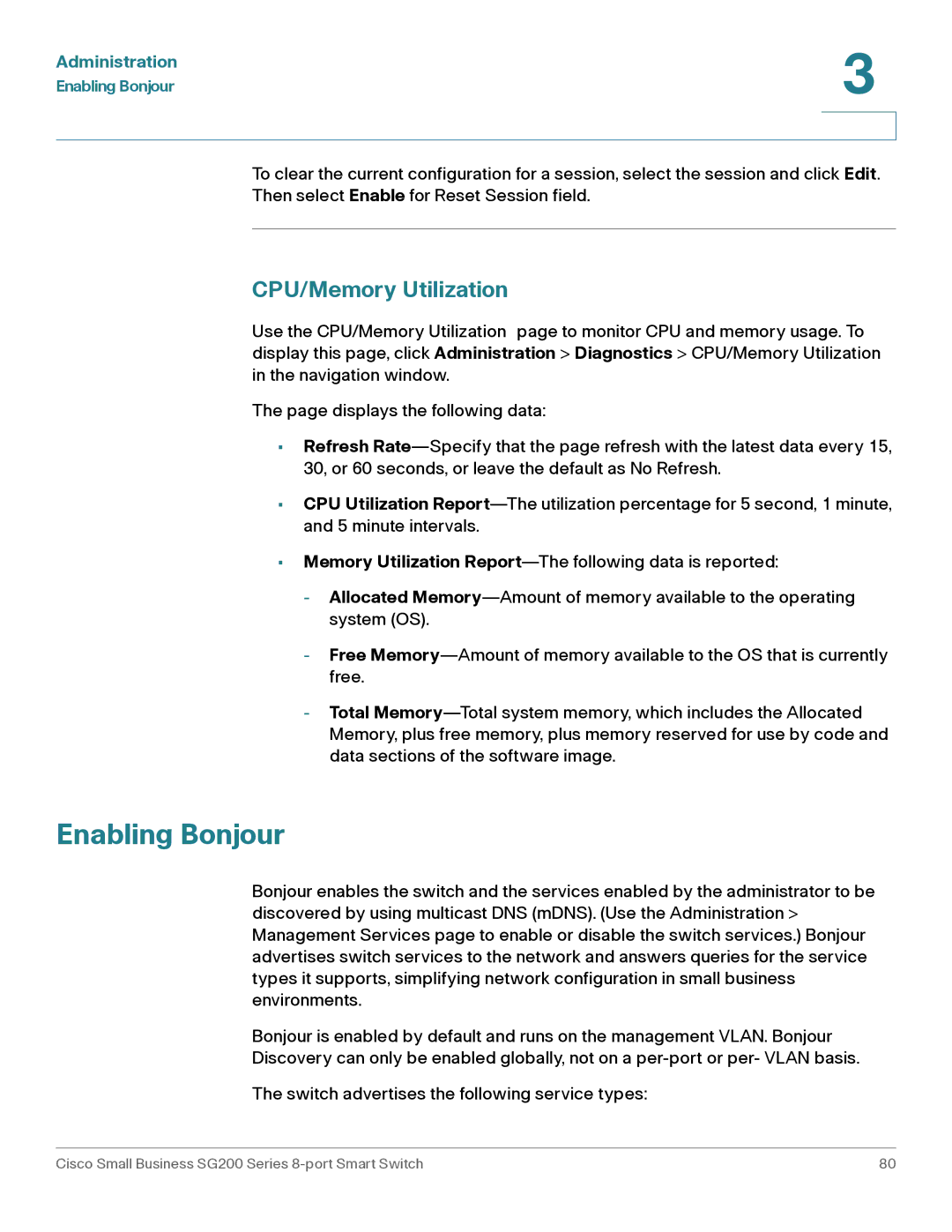 Cisco Systems SLM2008PTNA manual Enabling Bonjour, CPU/Memory Utilization 