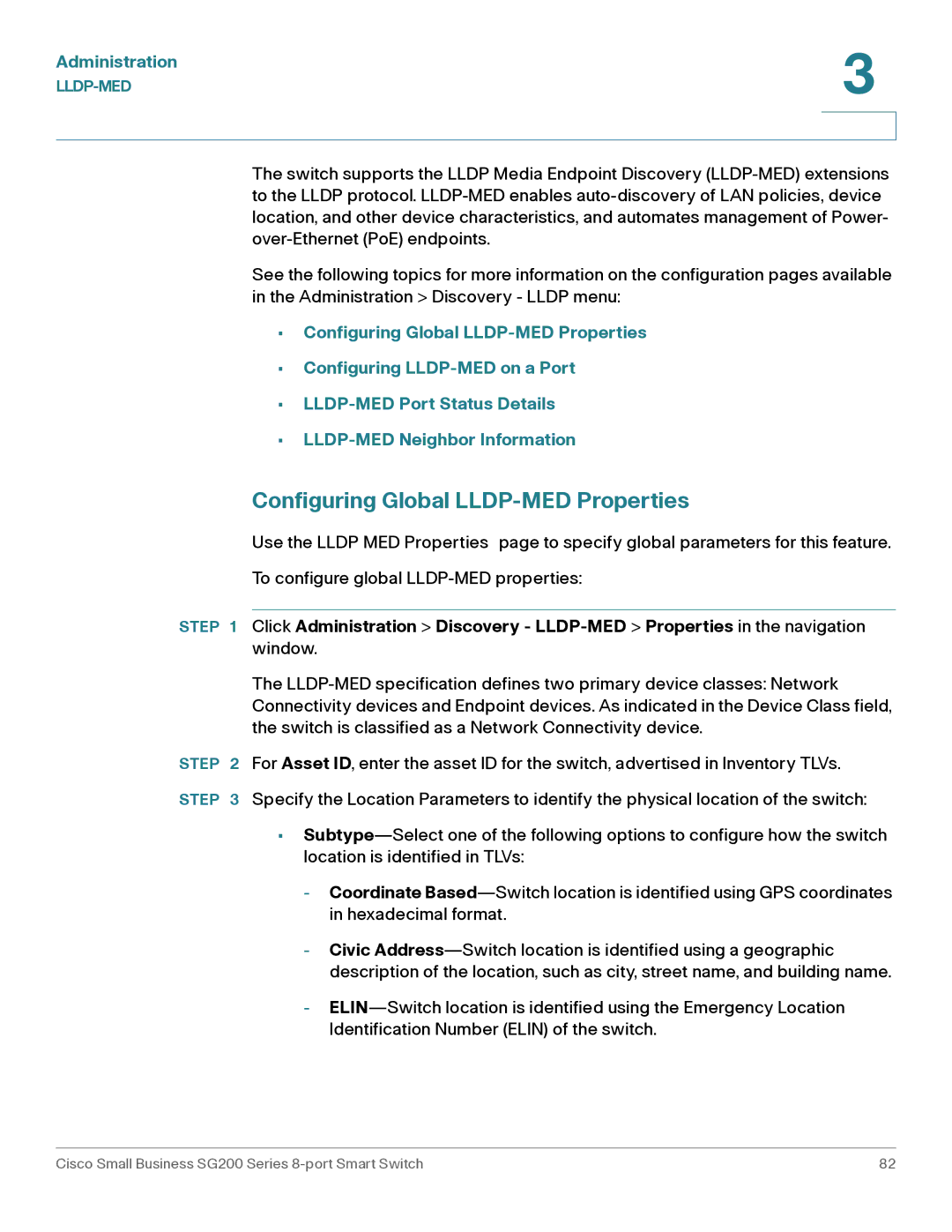 Cisco Systems SLM2008PTNA manual Configuring Global LLDP-MED Properties 