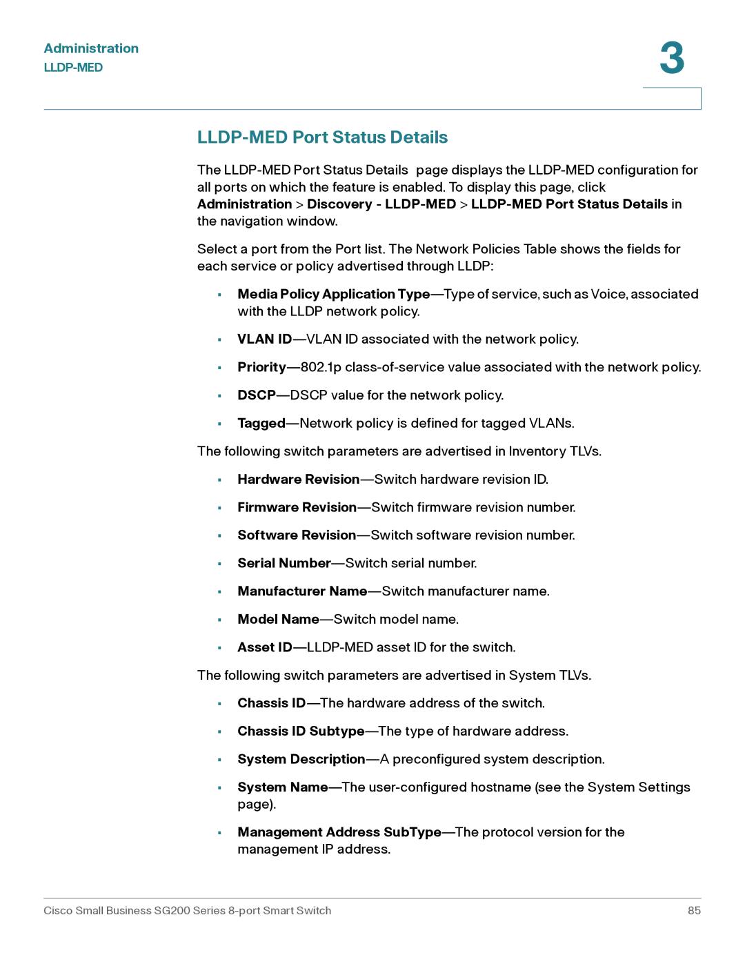 Cisco Systems SLM2008PTNA manual LLDP-MED Port Status Details 