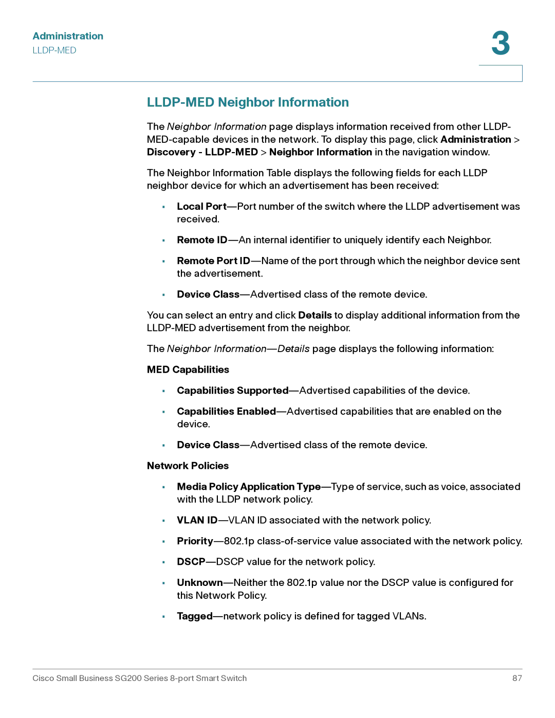 Cisco Systems SLM2008PTNA manual LLDP-MED Neighbor Information, MED Capabilities, Network Policies 