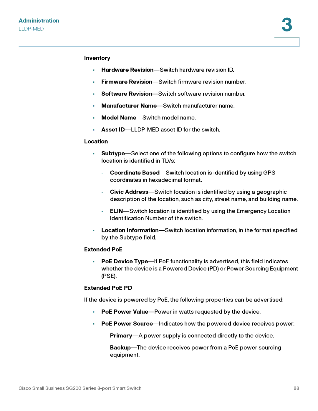 Cisco Systems SLM2008PTNA manual Inventory, Location, Extended PoE PD 