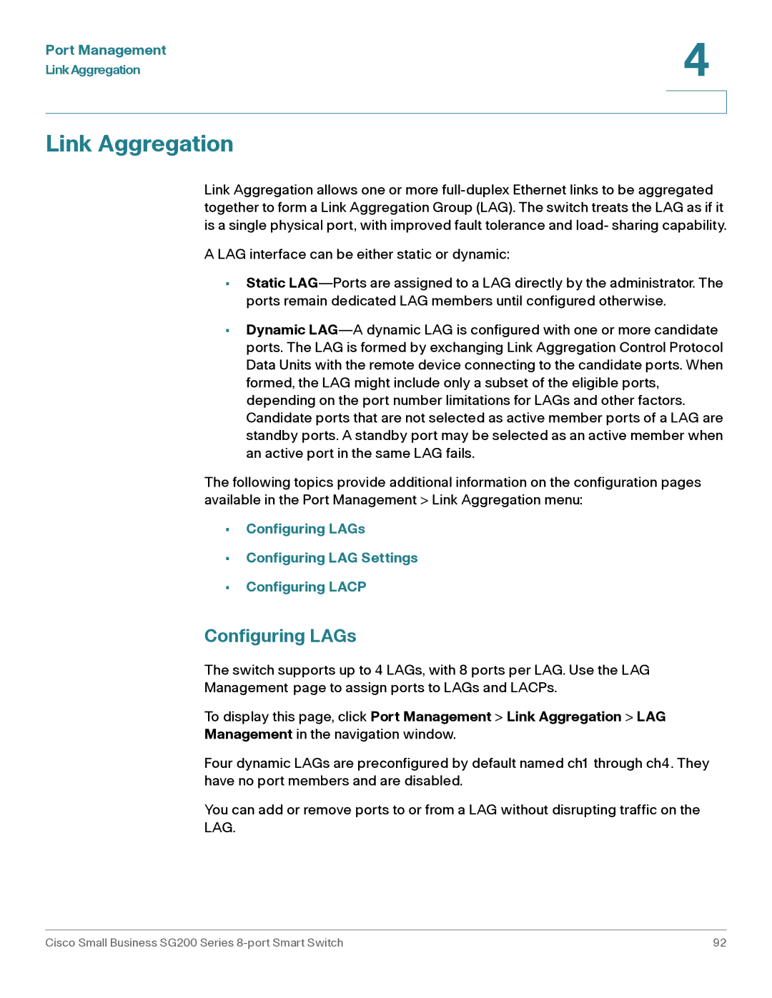 Cisco Systems SLM2008PTNA manual Link Aggregation, Configuring LAGs 