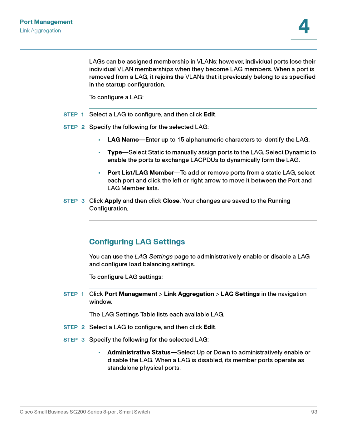 Cisco Systems SLM2008PTNA manual Configuring LAG Settings 