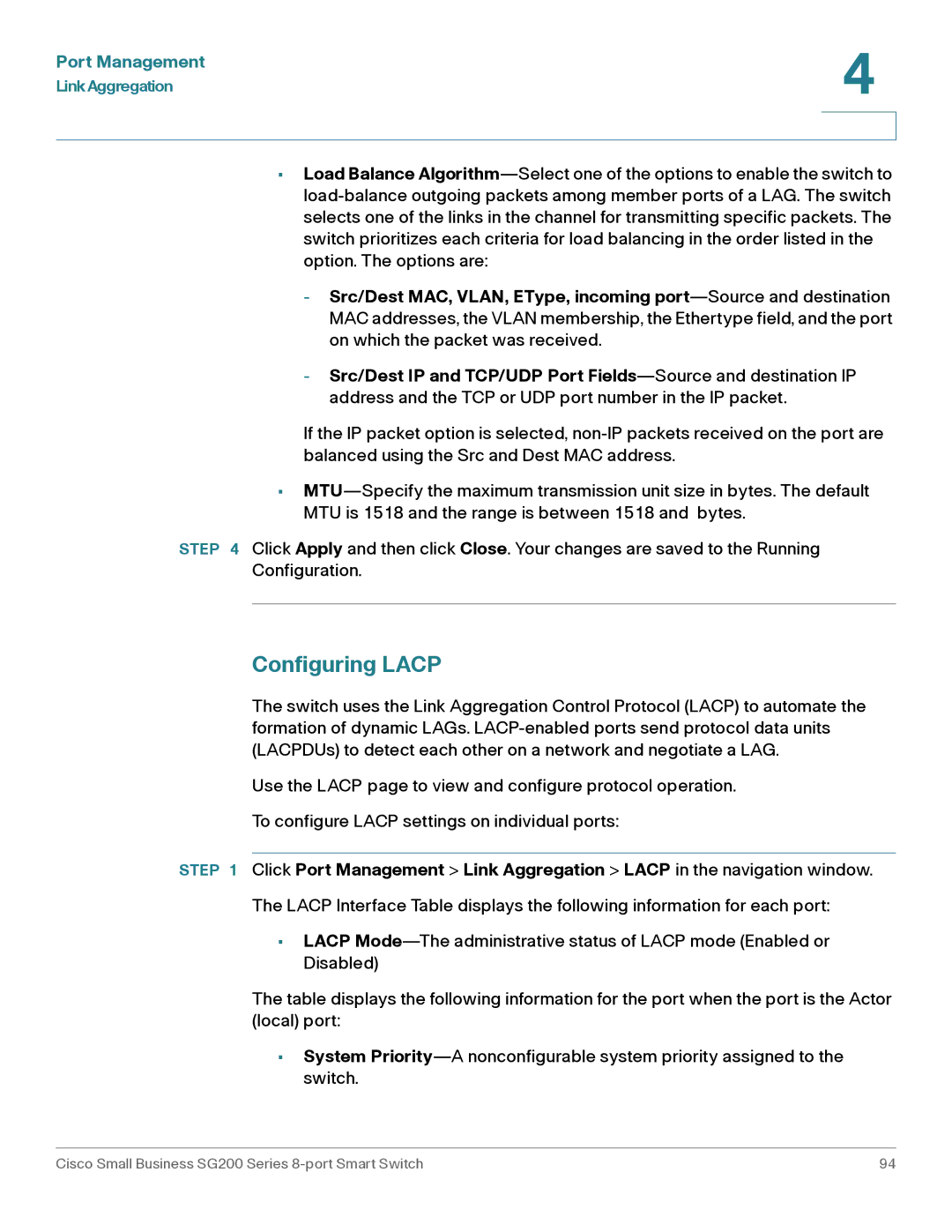 Cisco Systems SLM2008PTNA manual Configuring Lacp 