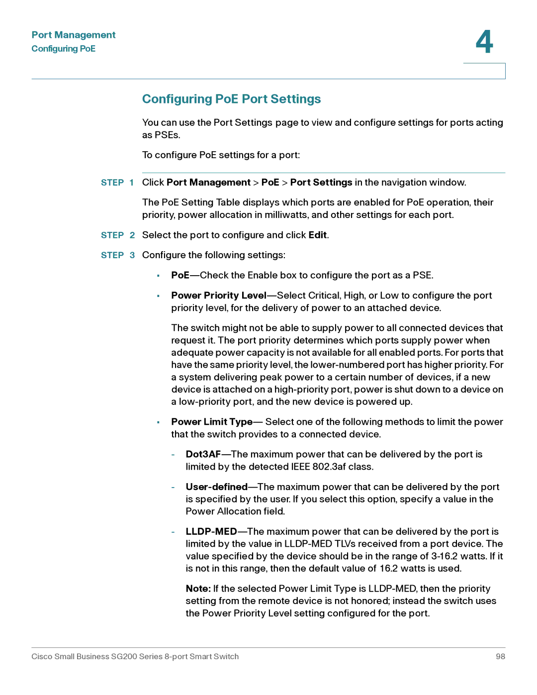 Cisco Systems SLM2008PTNA manual Configuring PoE Port Settings 