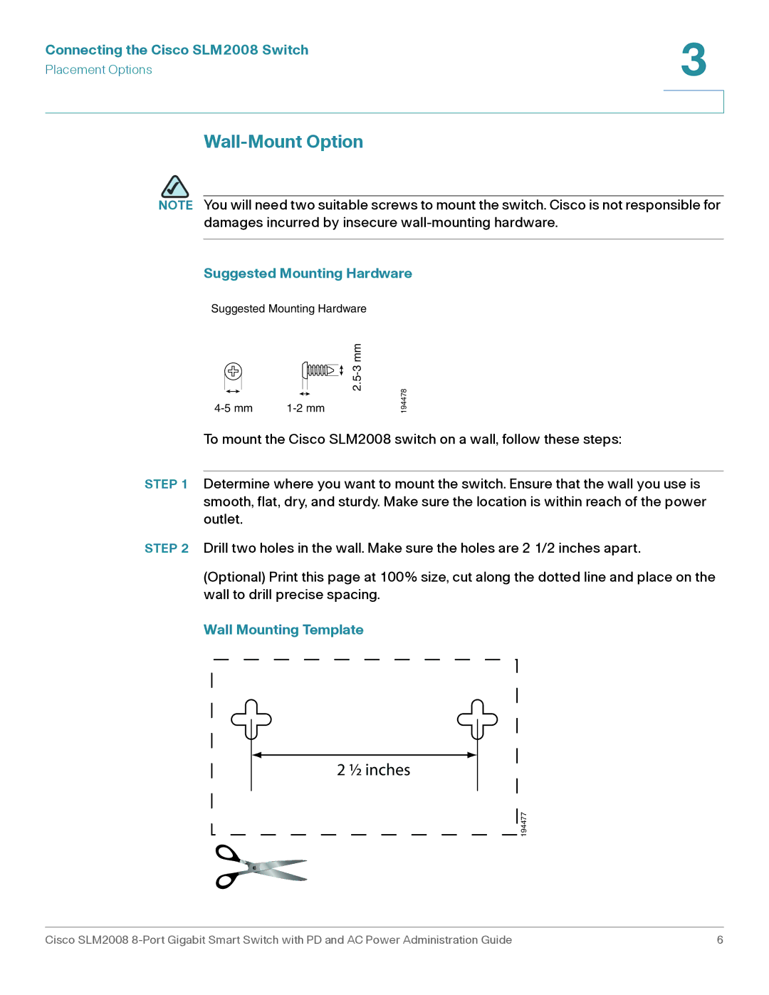 Cisco Systems SLM2008RF manual Wall-Mount Option, Connecting the Cisco SLM2008 Switch, Suggested Mounting Hardware 