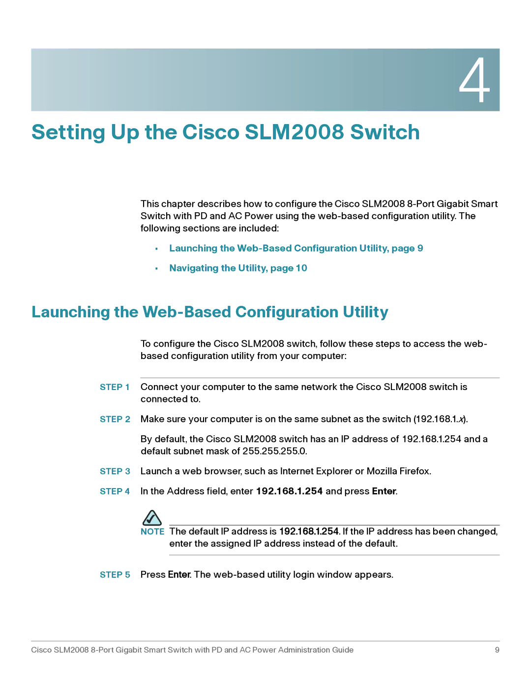 Cisco Systems SLM2008RF manual Setting Up the Cisco SLM2008 Switch, Launching the Web-Based Configuration Utility 