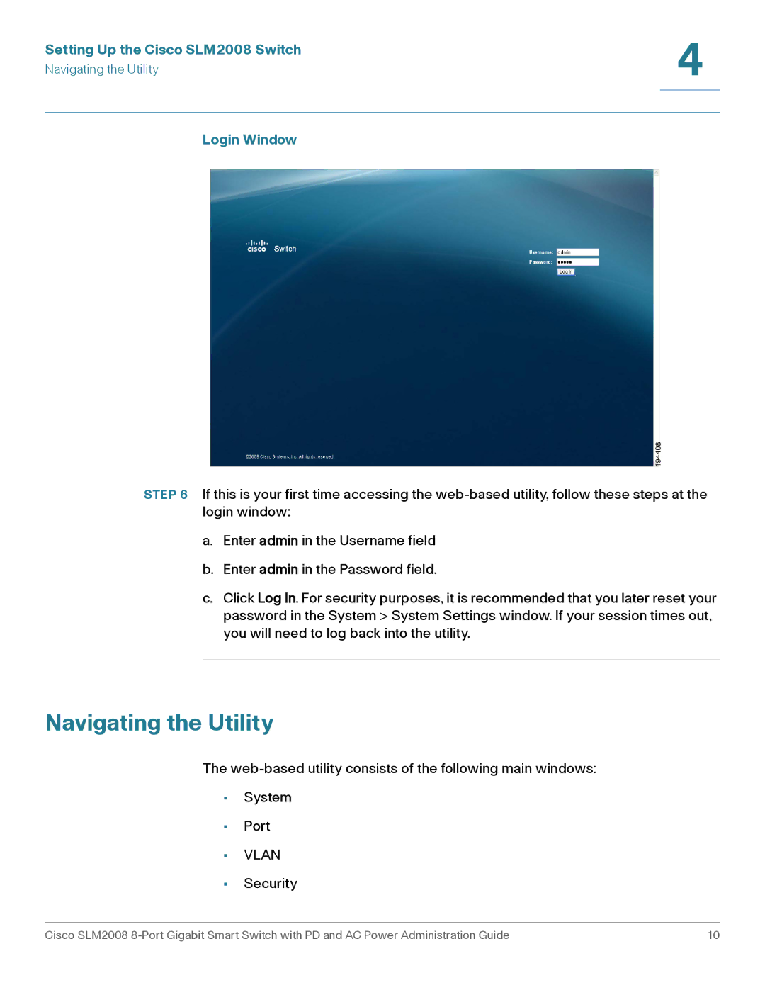 Cisco Systems SLM2008RF manual Navigating the Utility, Setting Up the Cisco SLM2008 Switch, Login Window 