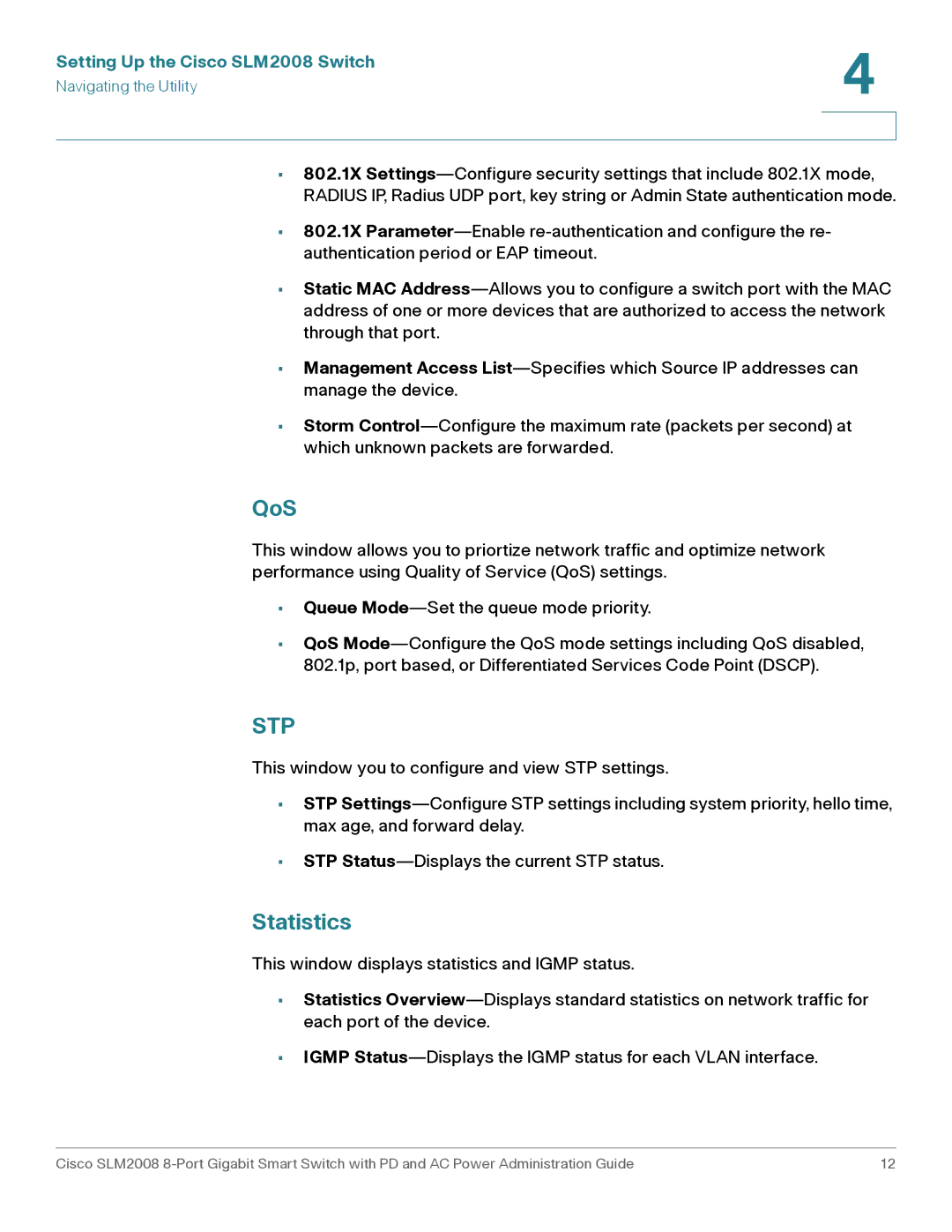 Cisco Systems SLM2008RF manual QoS, Statistics 