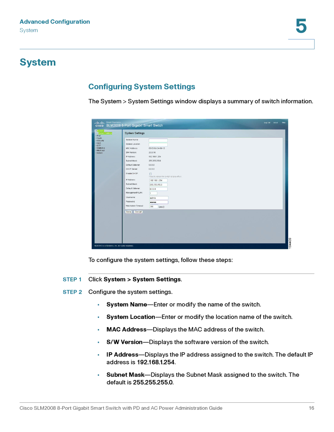 Cisco Systems SLM2008RF manual Configuring System Settings, Click System System Settings 