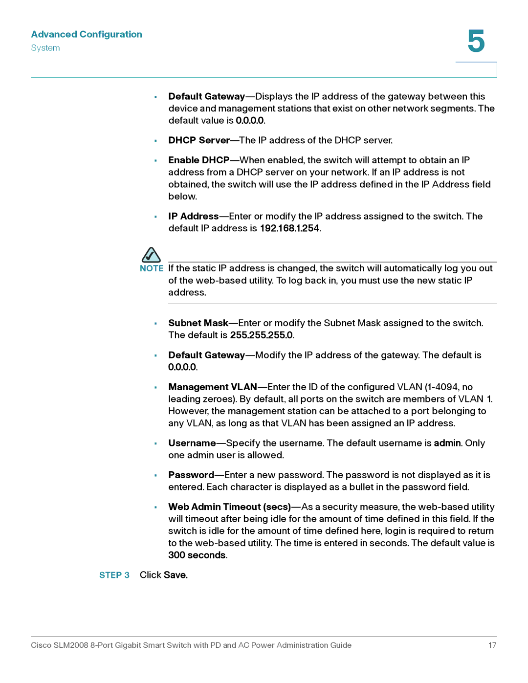 Cisco Systems SLM2008RF manual Click Save 