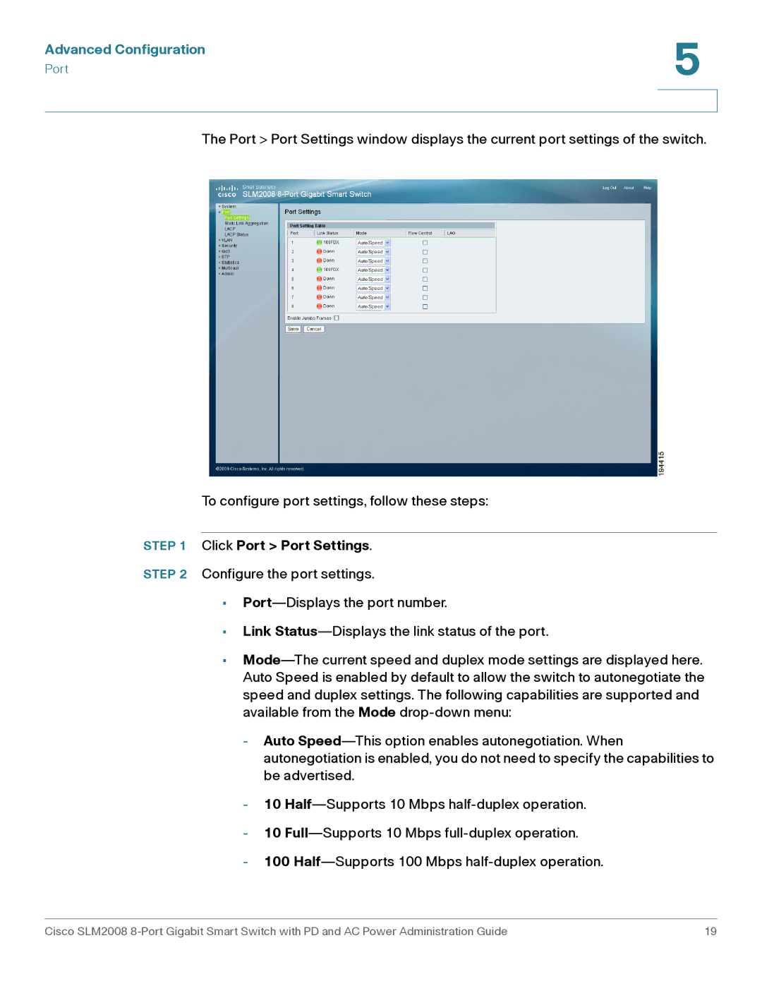 Cisco Systems SLM2008RF manual Click Port Port Settings 