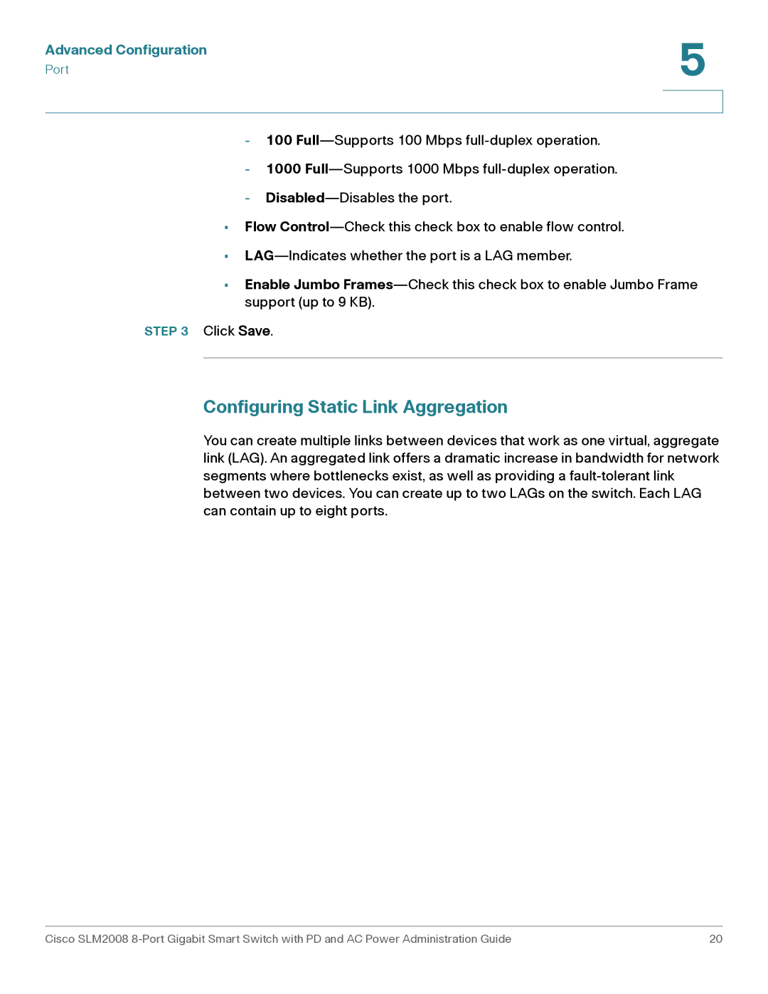 Cisco Systems SLM2008RF manual Configuring Static Link Aggregation 