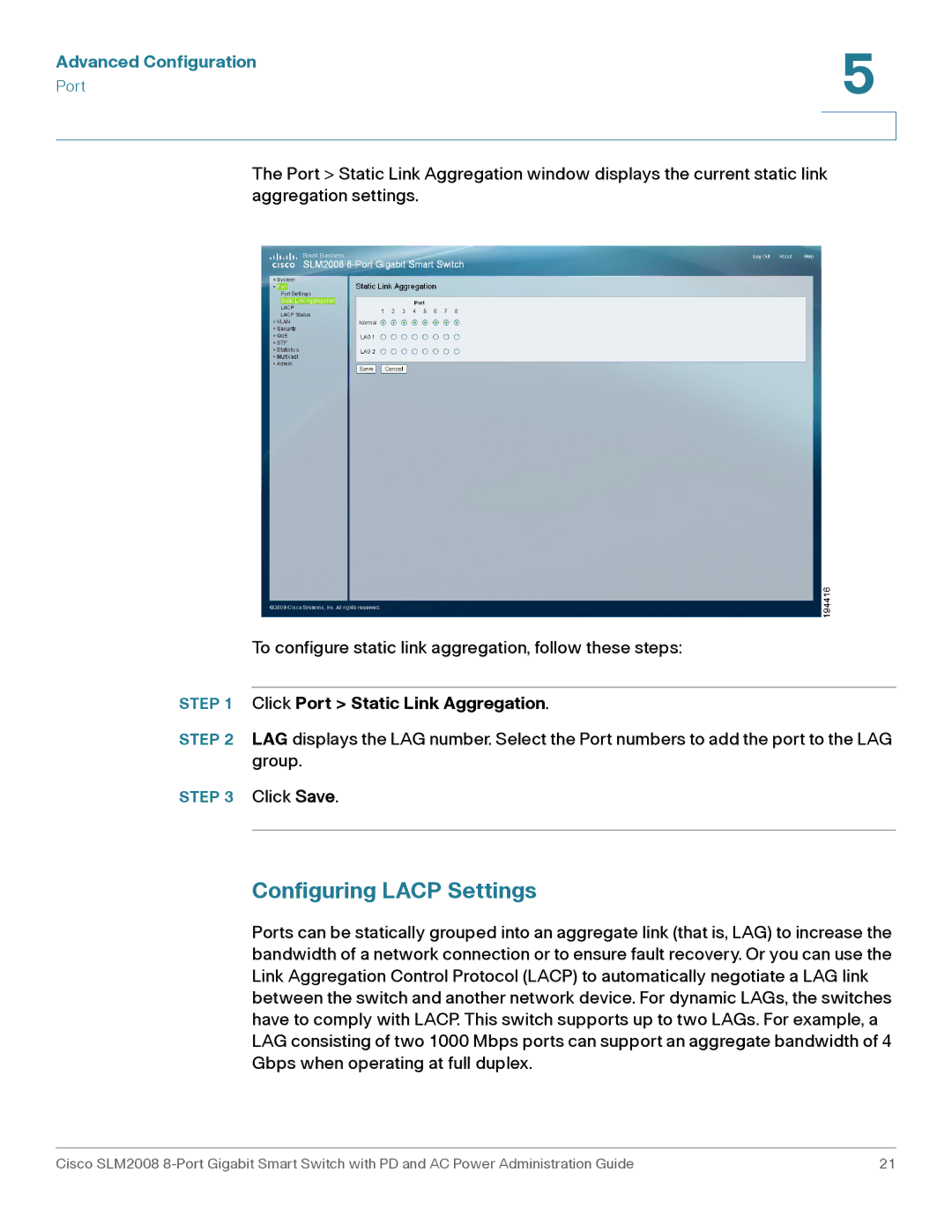 Cisco Systems SLM2008RF manual Configuring Lacp Settings, Click Port Static Link Aggregation 