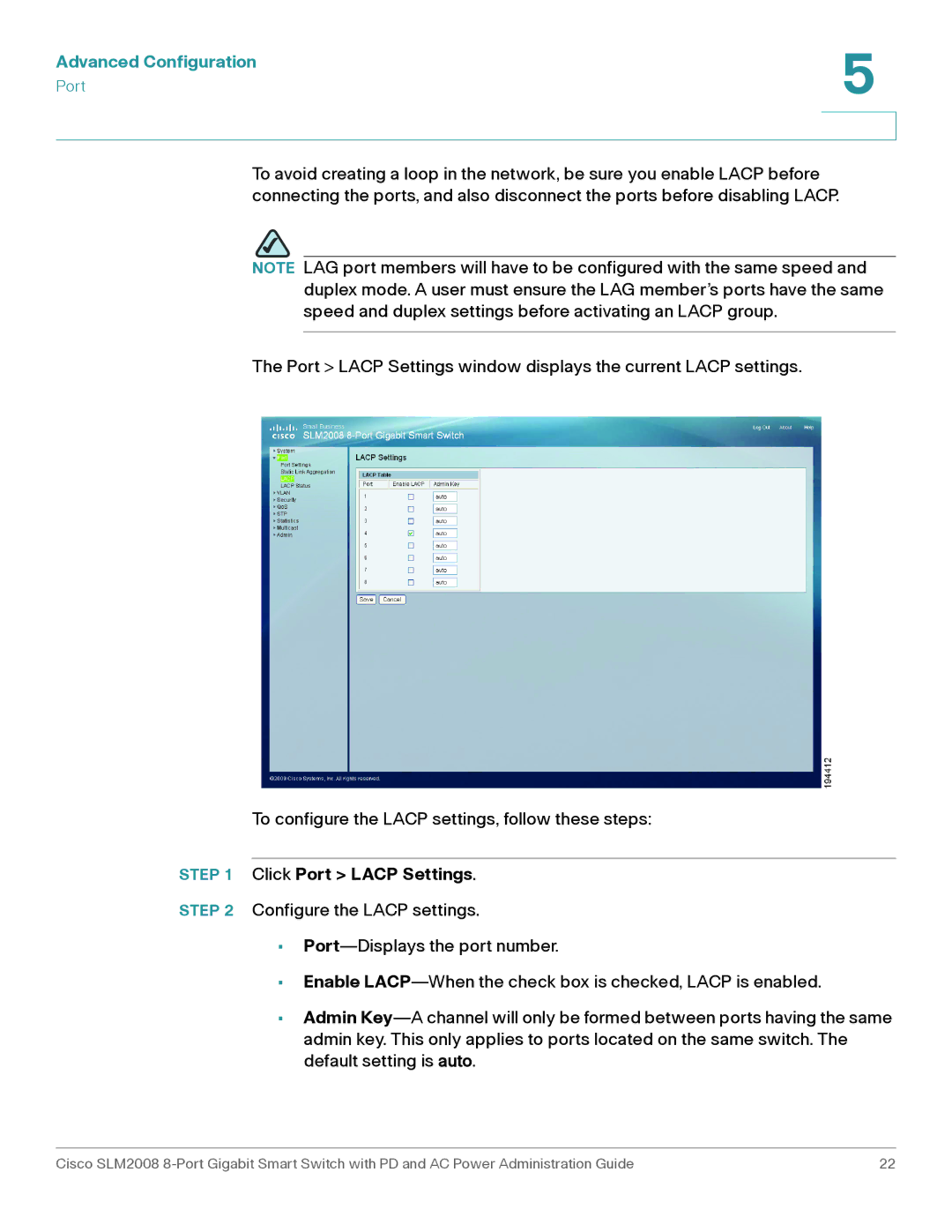 Cisco Systems SLM2008RF manual Click Port Lacp Settings 