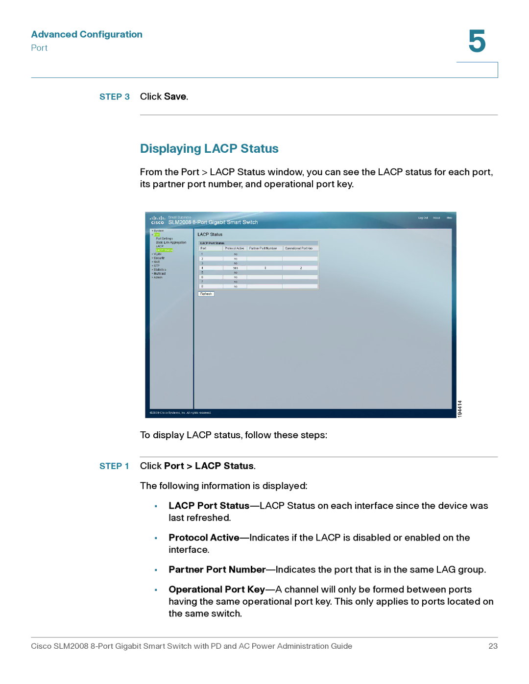 Cisco Systems SLM2008RF manual Displaying Lacp Status, Click Port Lacp Status 