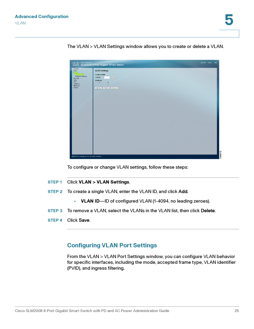 Cisco Systems SLM2008RF manual Configuring Vlan Port Settings, Click Vlan Vlan Settings 