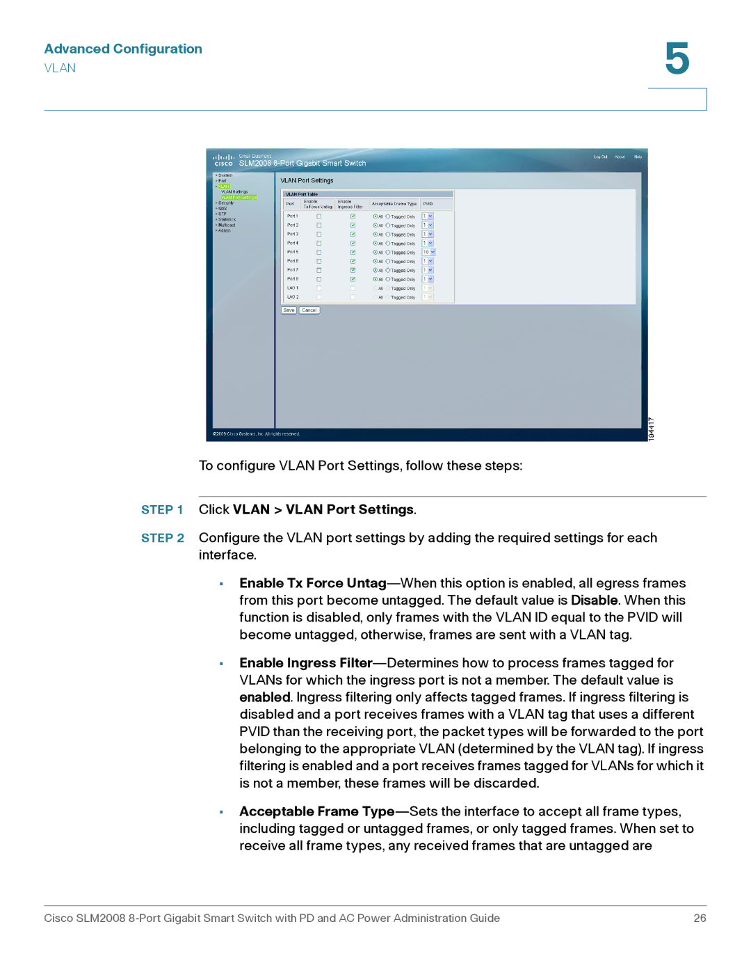 Cisco Systems SLM2008RF manual Click Vlan Vlan Port Settings 