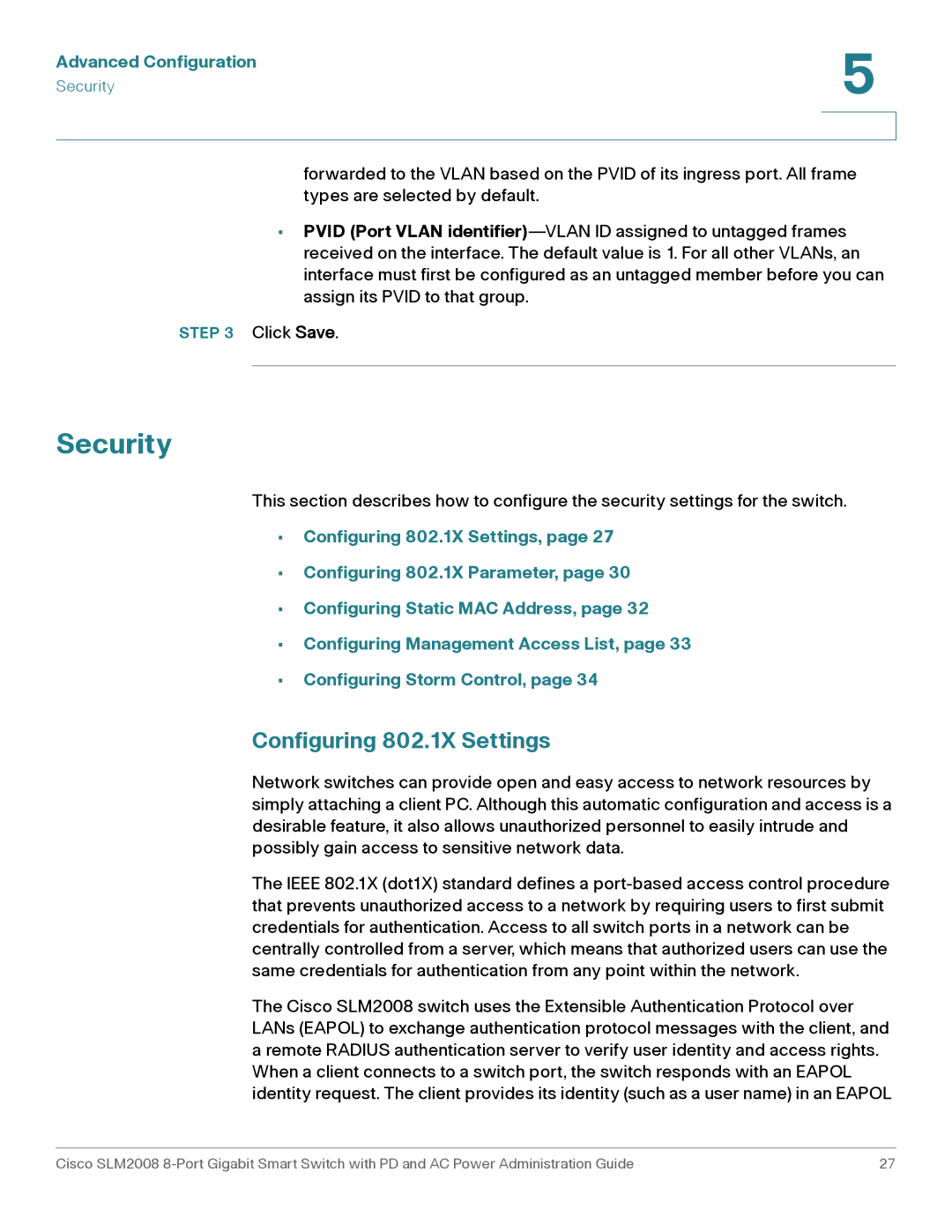 Cisco Systems SLM2008RF manual Security, Configuring 802.1X Settings 