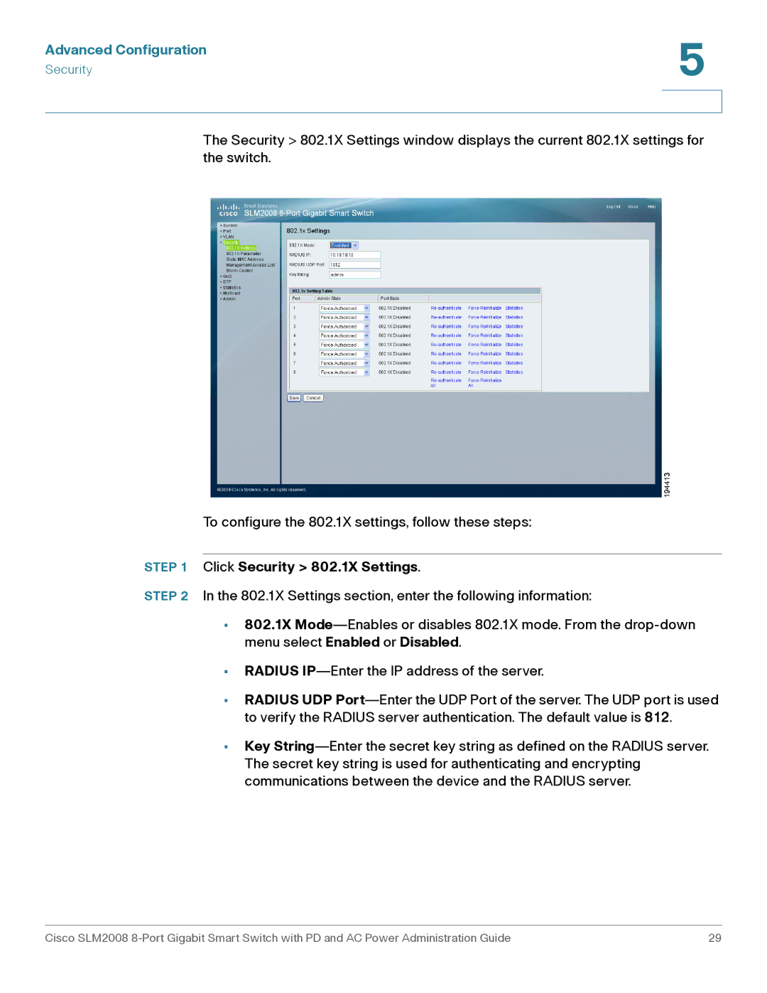 Cisco Systems SLM2008RF manual Click Security 802.1X Settings 