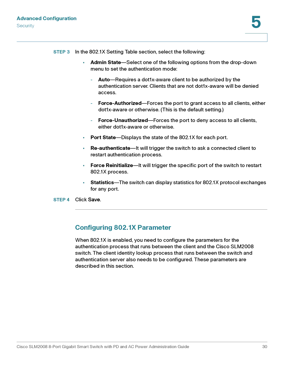 Cisco Systems SLM2008RF manual Configuring 802.1X Parameter 