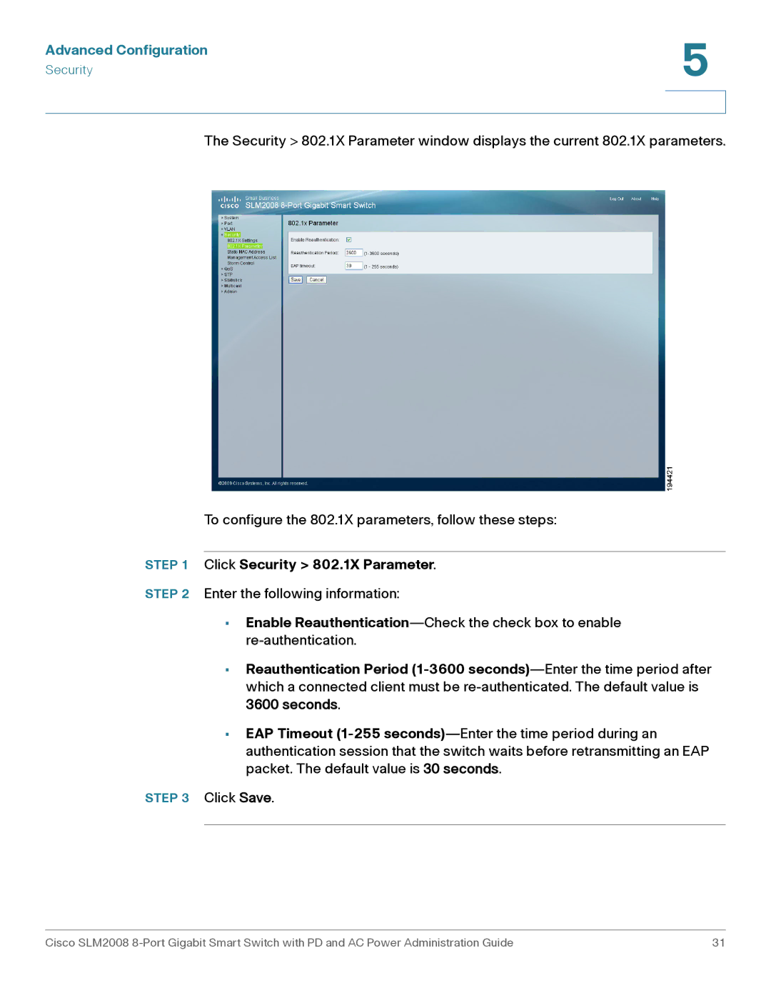 Cisco Systems SLM2008RF manual Click Security 802.1X Parameter 