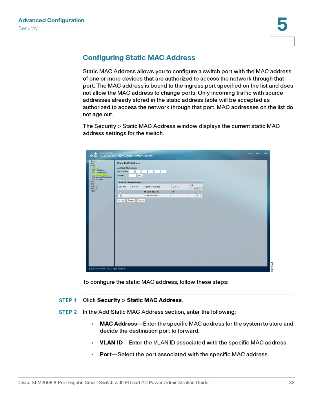 Cisco Systems SLM2008RF manual Configuring Static MAC Address, Click Security Static MAC Address 