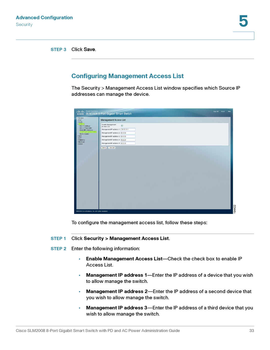 Cisco Systems SLM2008RF manual Configuring Management Access List, Click Security Management Access List 