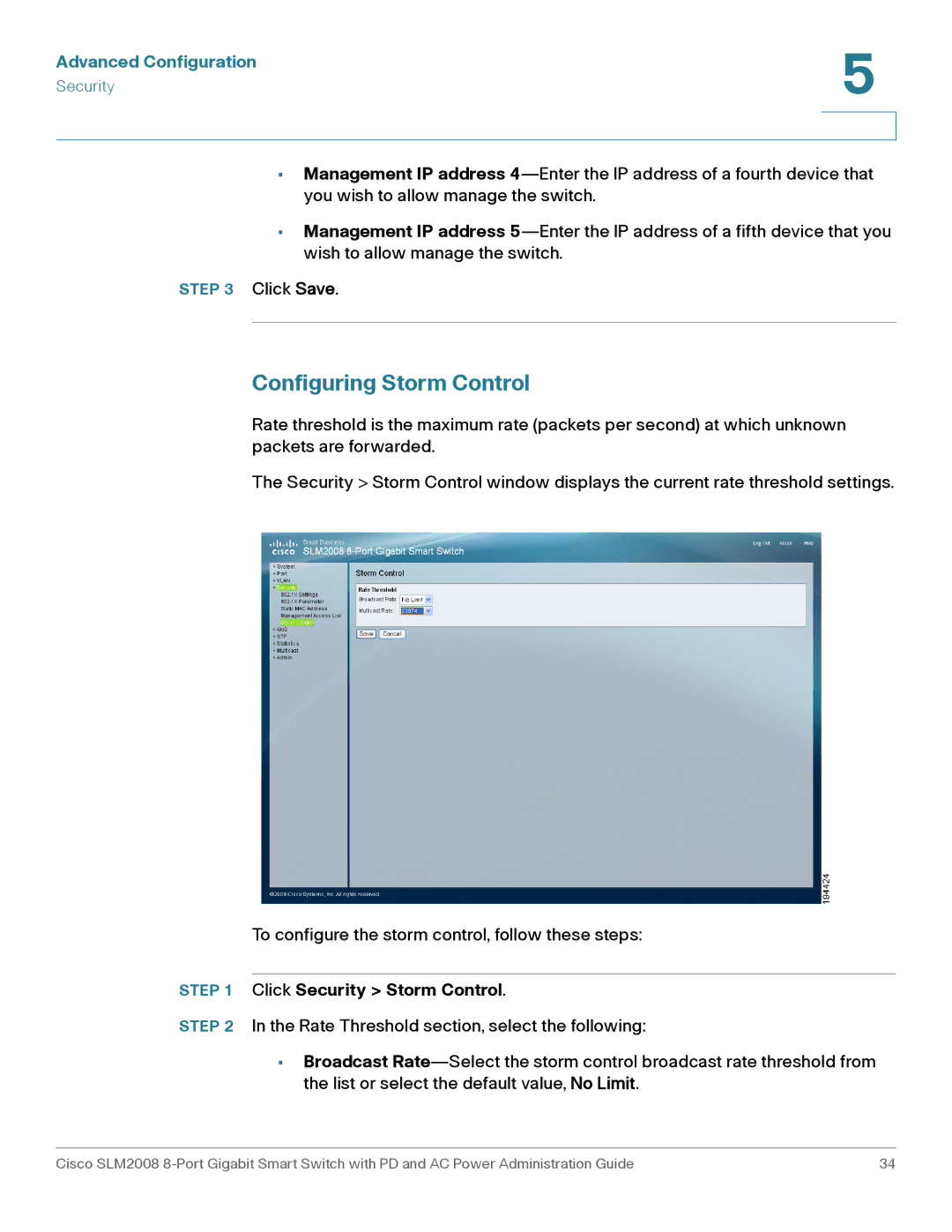 Cisco Systems SLM2008RF manual Configuring Storm Control, Click Security Storm Control 