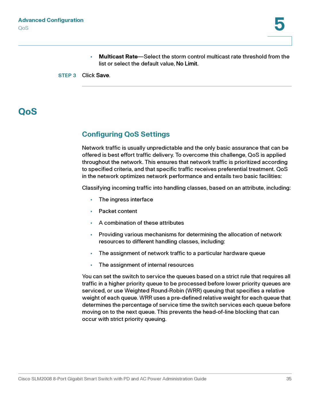 Cisco Systems SLM2008RF manual Configuring QoS Settings 